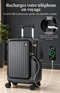 Valise Cabine A1 avec port USB pour recharger un téléphone via une batterie externe non incluse.